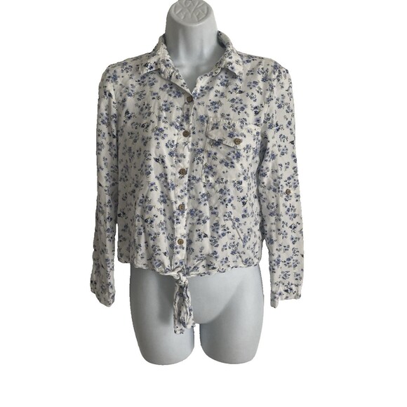 Love Notes Button Up Shirt Small Blue Floral Roll Tab Sleeves Boho Cottage core - Picture 1 of 11